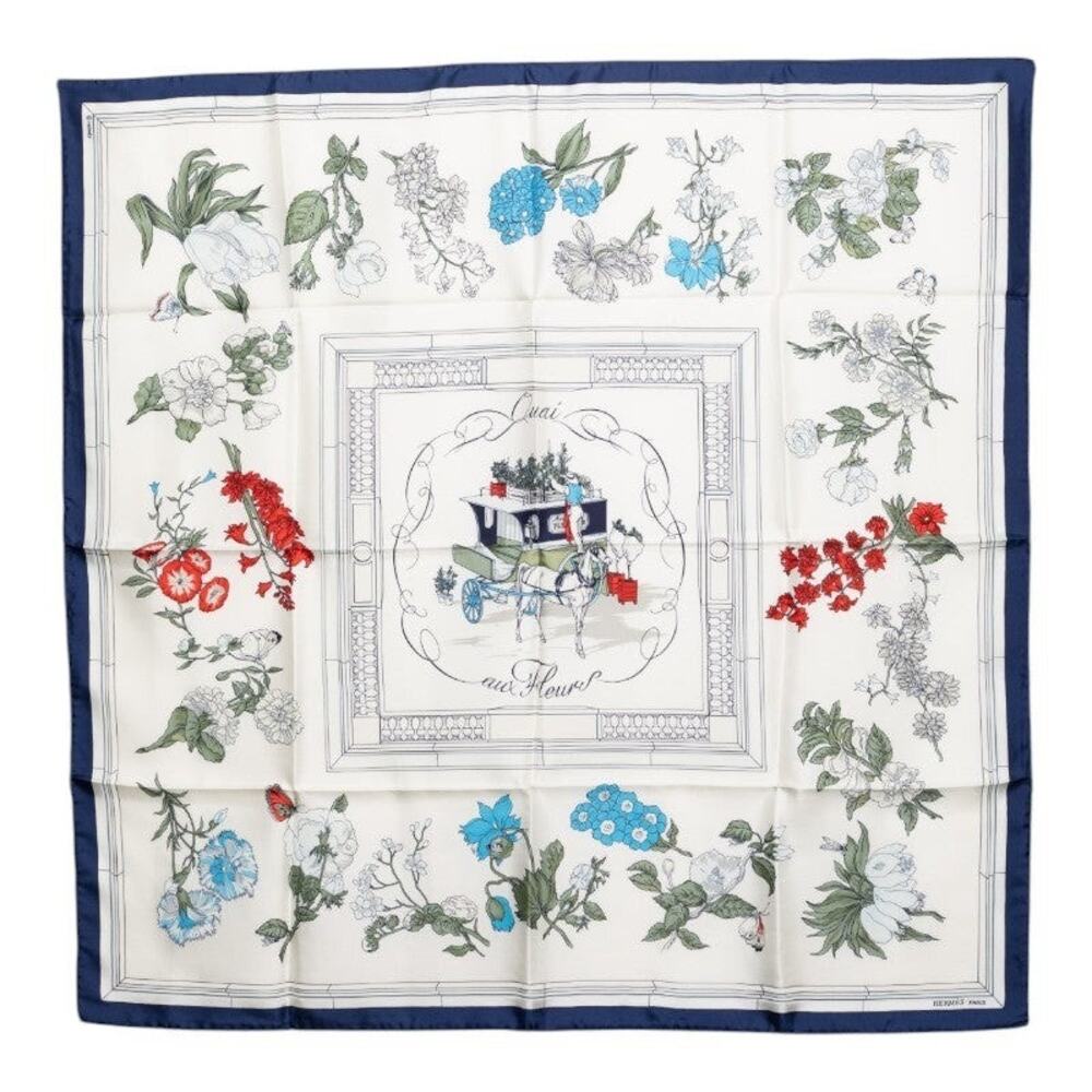 Hermes Carre 90 Quai Aux Fleurs Silk Scarf White